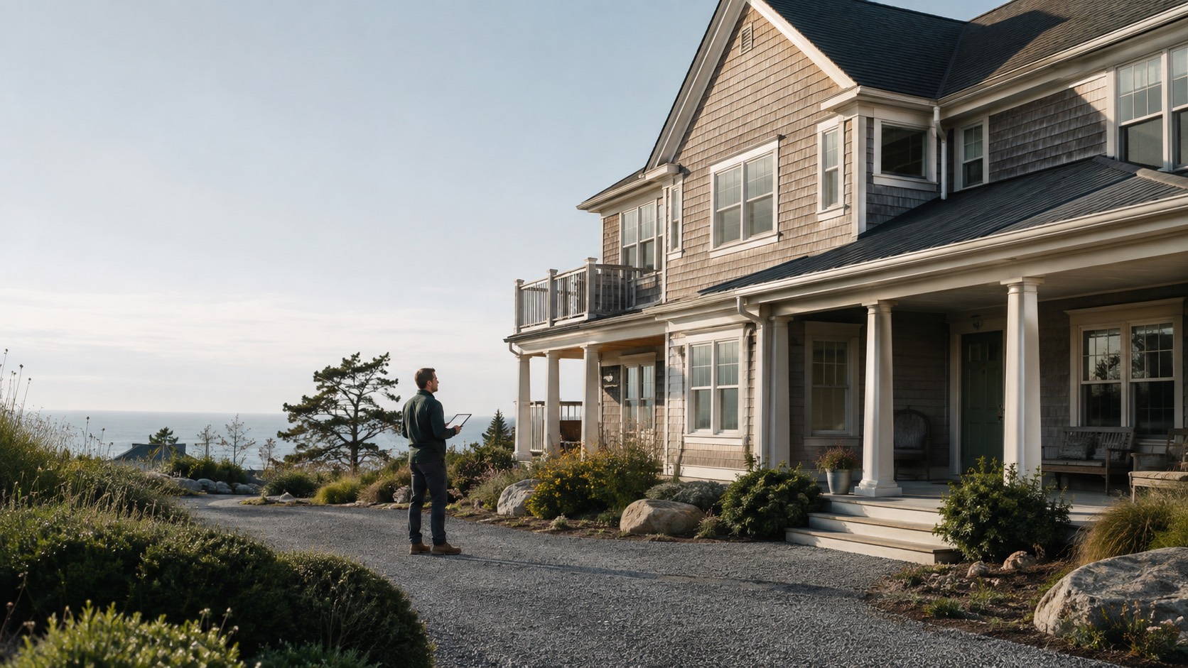 Property professional reviewing the exterior of a coastal vacation rental with a tablet